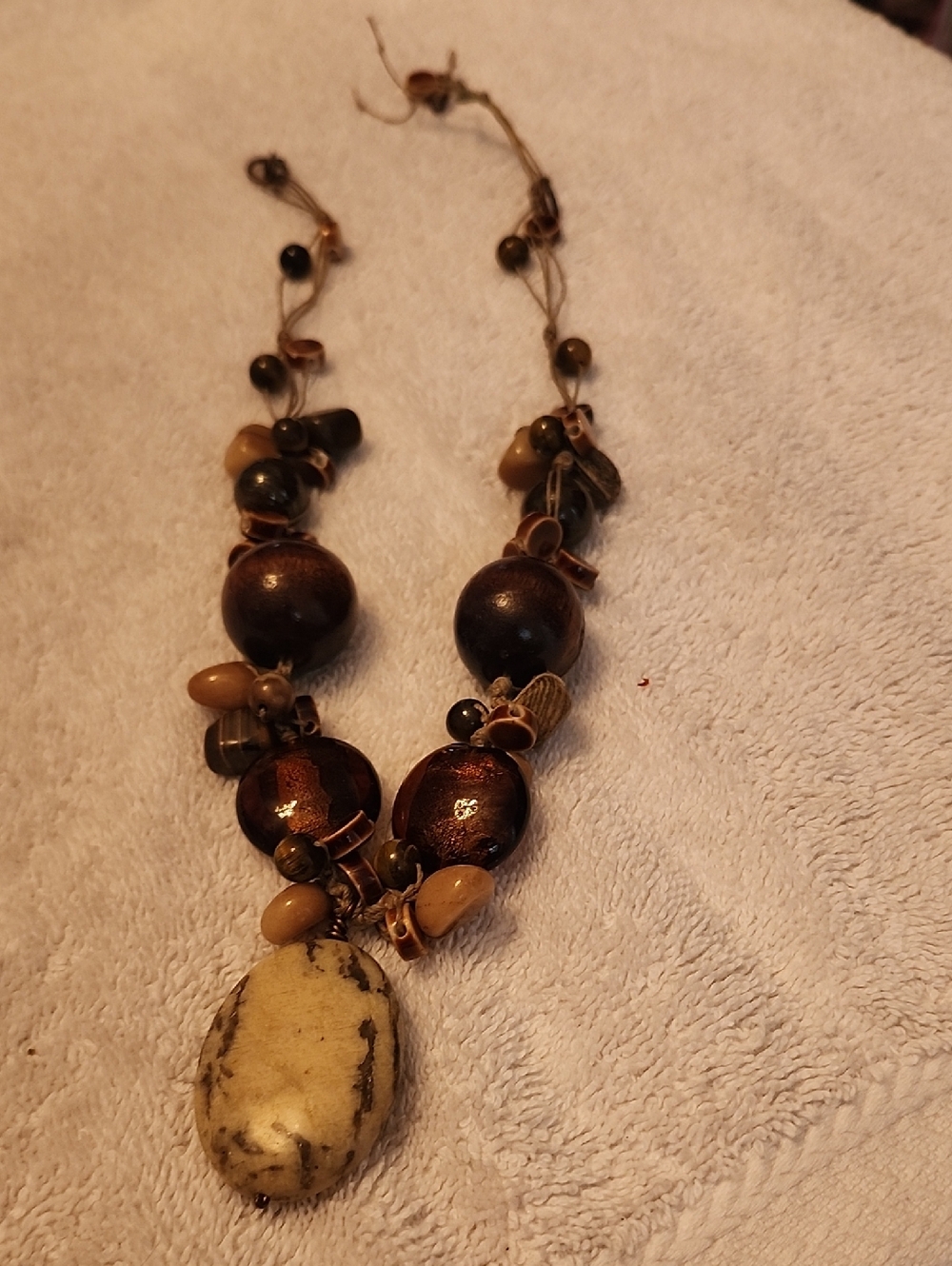 Vintage Brown & Cream Beaded Pendant Necklace